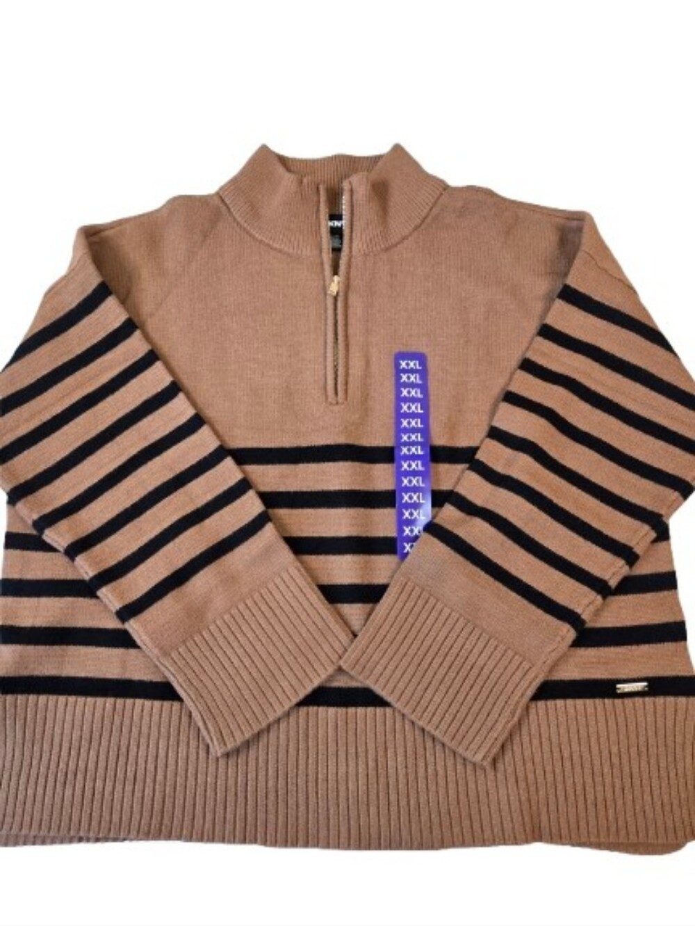 NWT DKNY Quarter-Zip Mock Neck Striped Sweater in Camel Brown and Black XXL